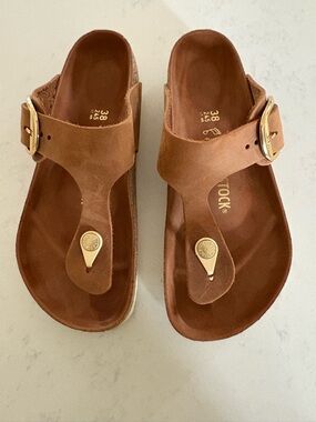Birkenstock Brown Leather Thong Sandals with Gold Accents